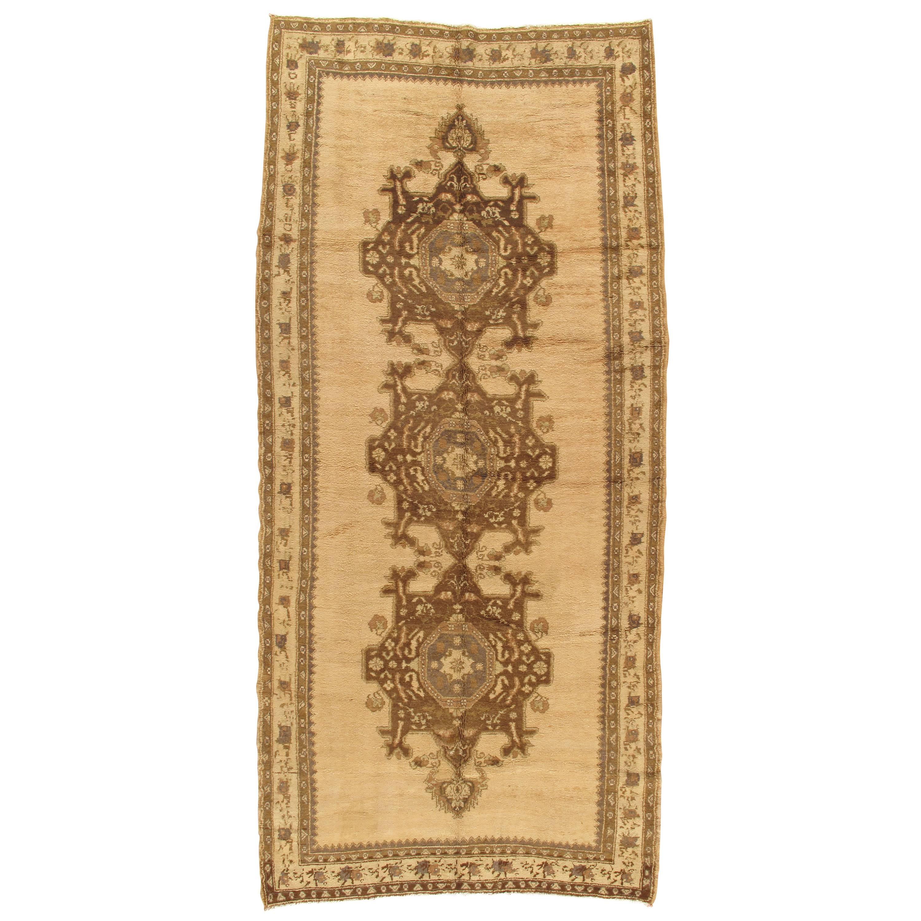 Vintage Oushak Carpet, Handmade Oriental Rug, Beige and Brown