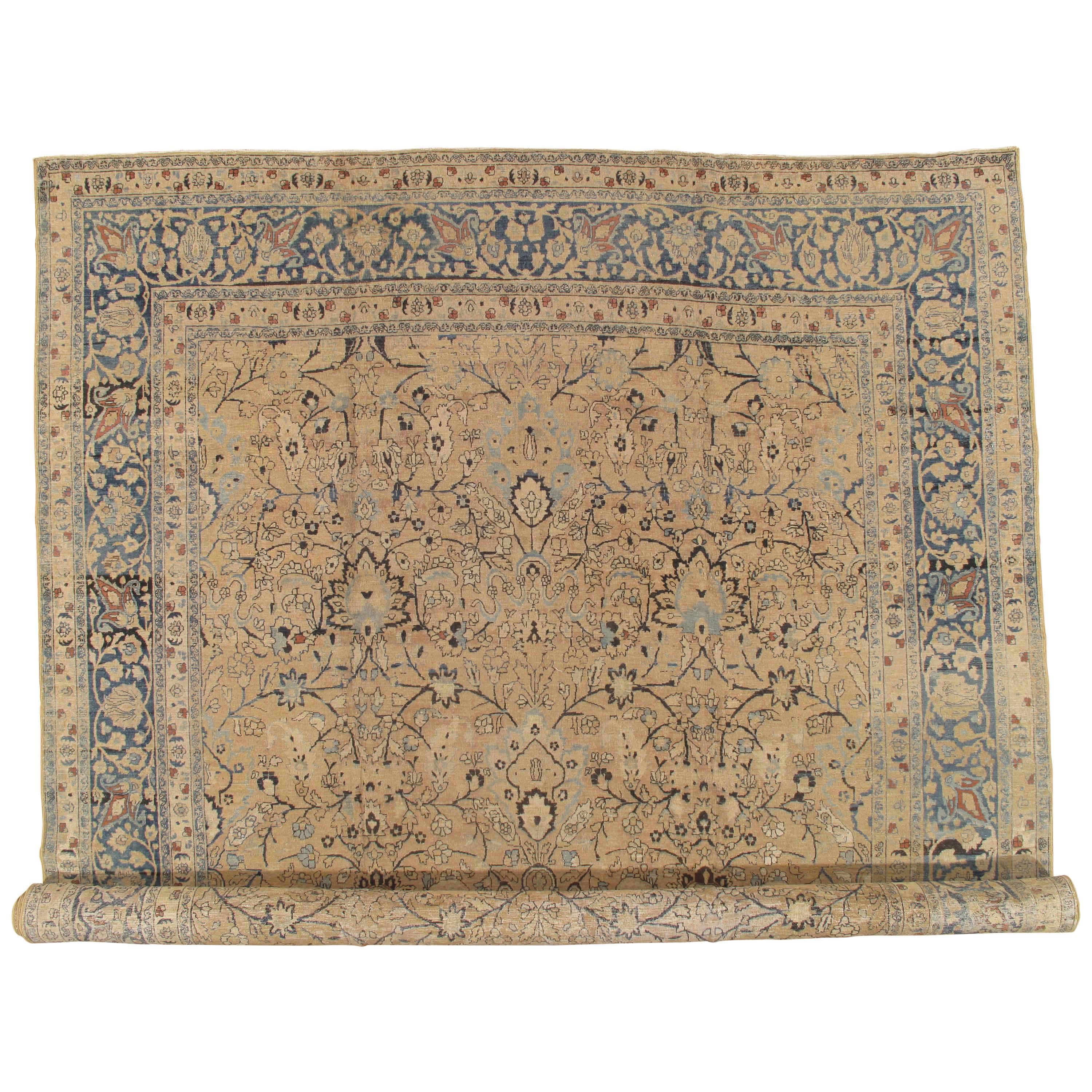 Antique Tabriz Fine Carpet, Handmade Persian Rug in Blue, Taupe, Soft Caramel For Sale