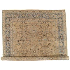 Antique Tabriz Fine Carpet, Handmade Persian Rug in Blue, Taupe, Soft Caramel