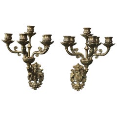 Pair of Antique French Cast Bronze Six-Light Wall Sconce Candelabra, circa 1870