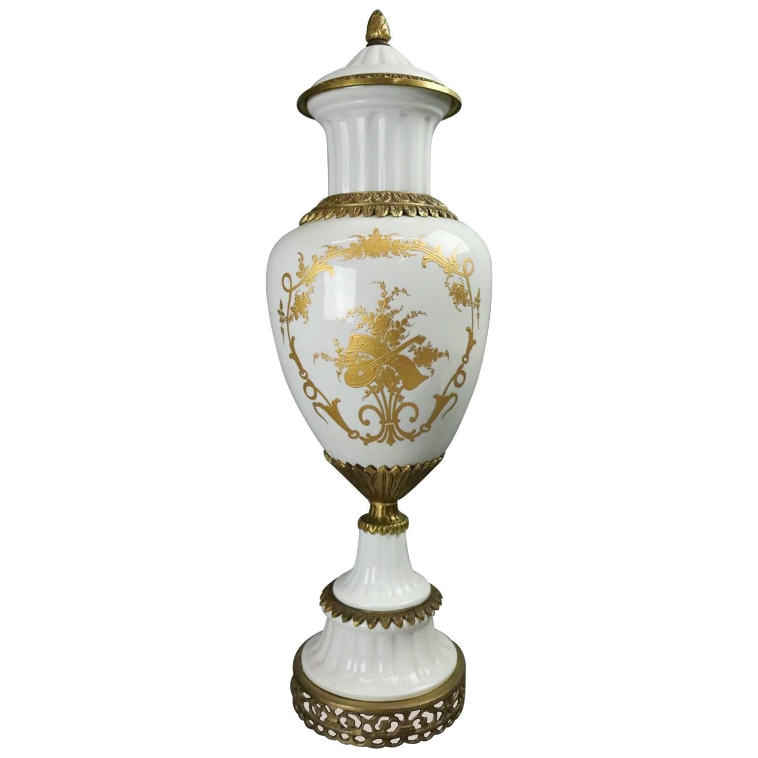 French Neoclassical Gilt Porcelain & Bronze Urn Signed Sevres, circa 1940