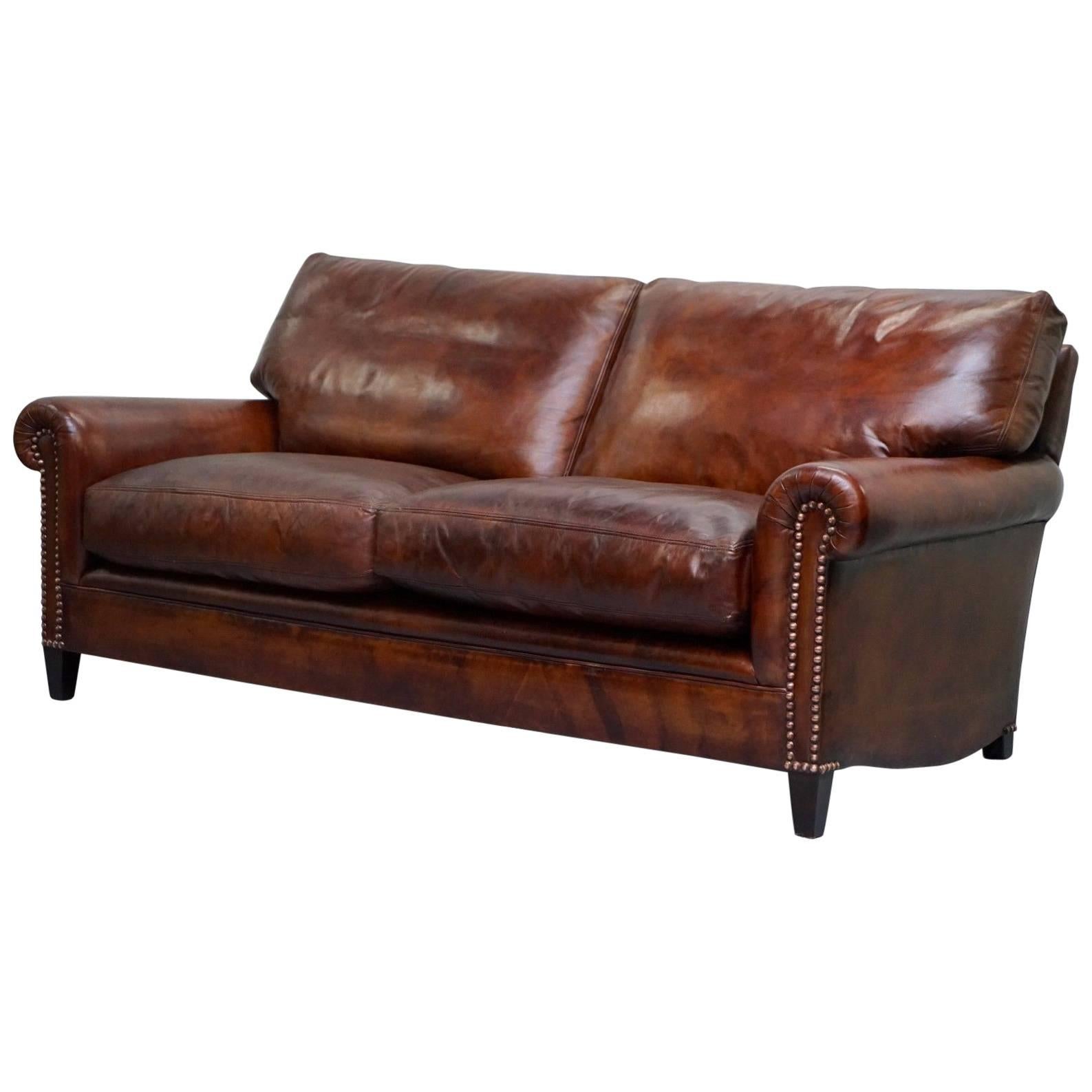 Fully Restored George Smith Aged Whiskey Brown Leather Signature Sofa Feathers