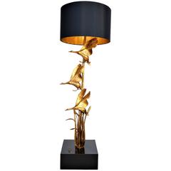 Vintage Hollywood Regency Brass Floor Lamp with Duck and New Lampshade, Italy, 1970s