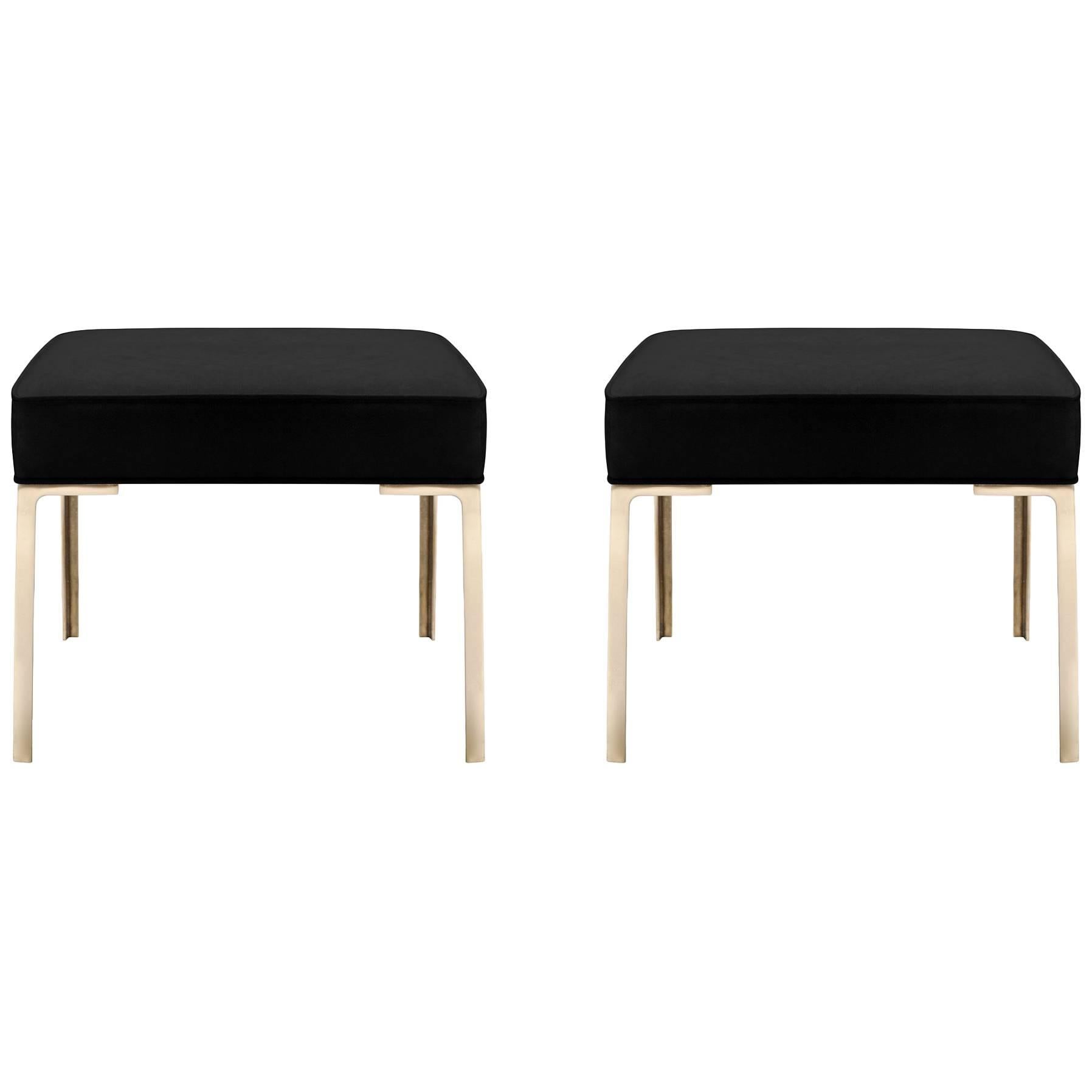 Astor Brass Ottomans in Noir Luxe-Suede by Montage, Pair For Sale