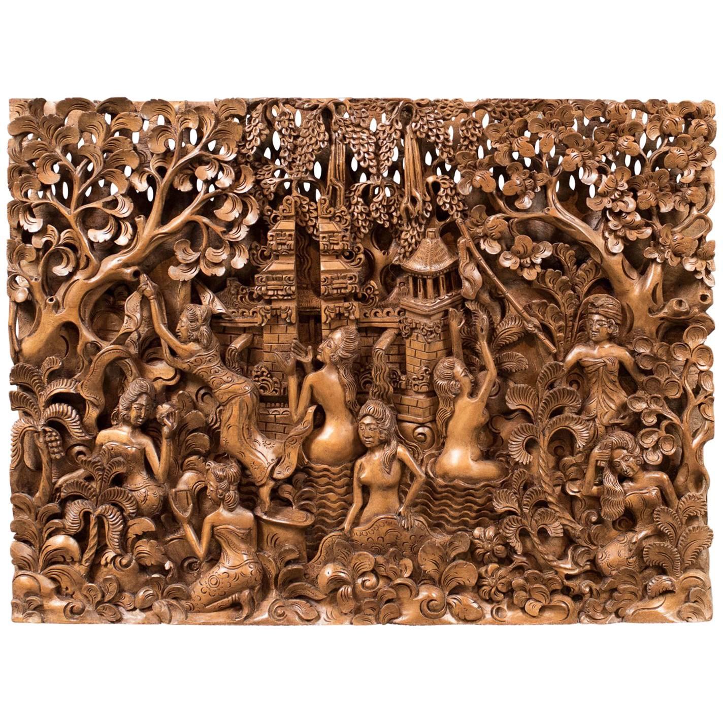 Balinese Carved Wall Panel, Mid-Century Decorative Art