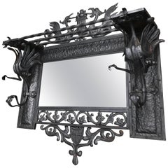 Stunning Arts and Crafts Wrought Iron Art Wall Coat Rack / Mirror with Dragons