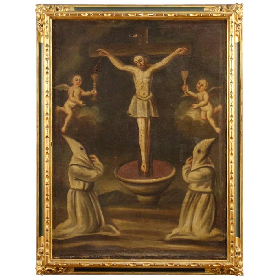 18th Century Spanish Religious Painting Crucifixion Oil on Canvas
