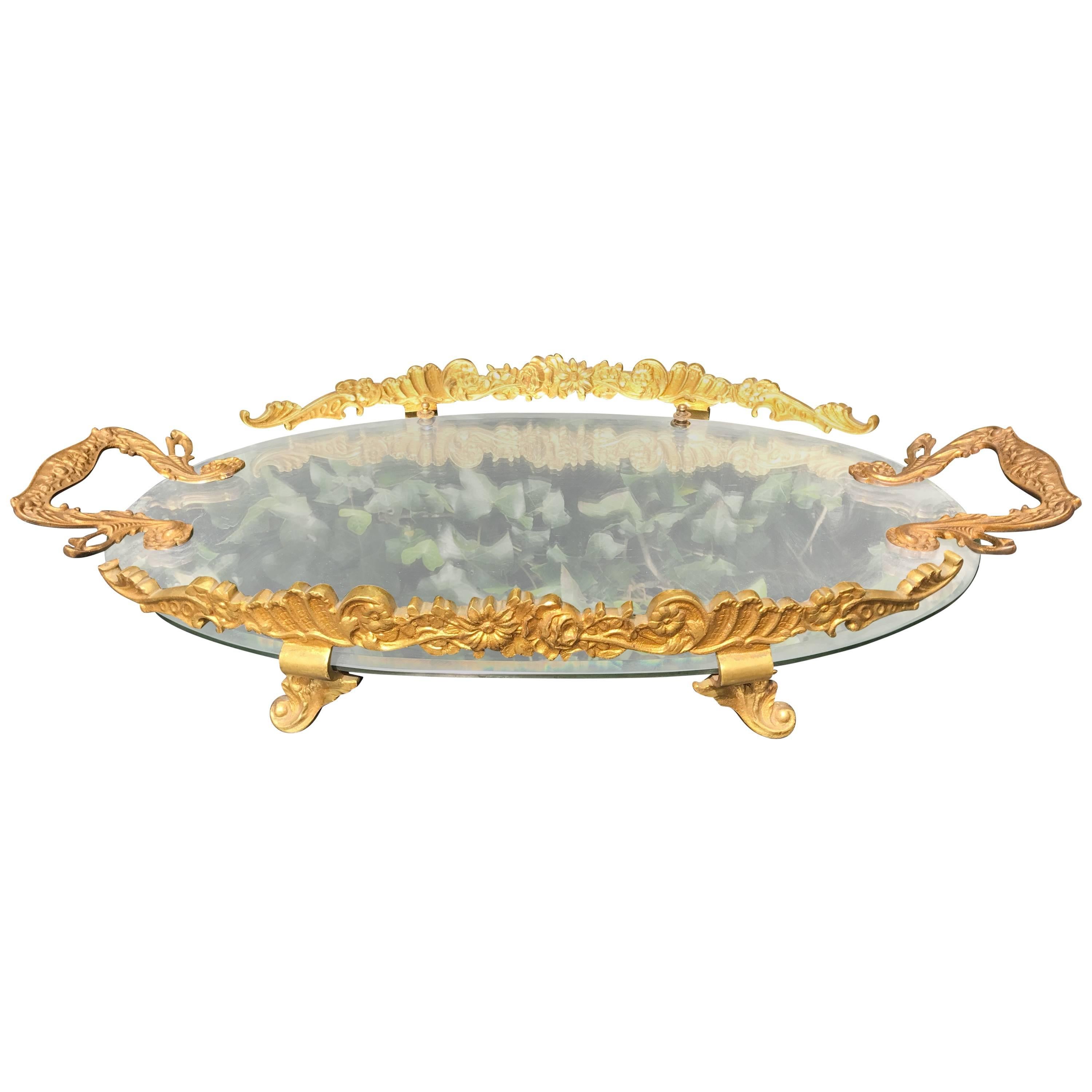 Hand-Crafted, Gilt Bronze and Oval Mirror Serving or Display Tray Flowery Design