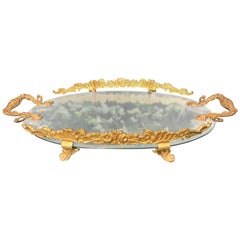 Hand-Crafted, Gilt Bronze and Oval Mirror Serving or Display Tray Flowery Design