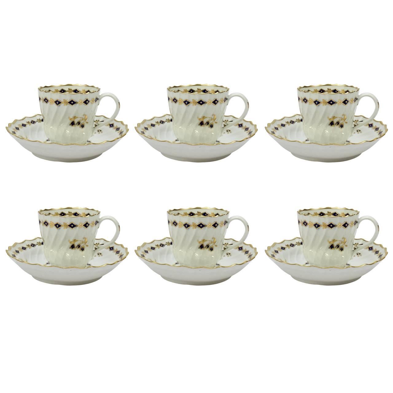 Set of Six 18th Century Flight Worcester Porcelain Tea Cups and Saucers