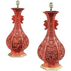 Pair of Mid-19th Century Chinese Red Cinnabar Lacquer Vases Mounted as Lamps 9