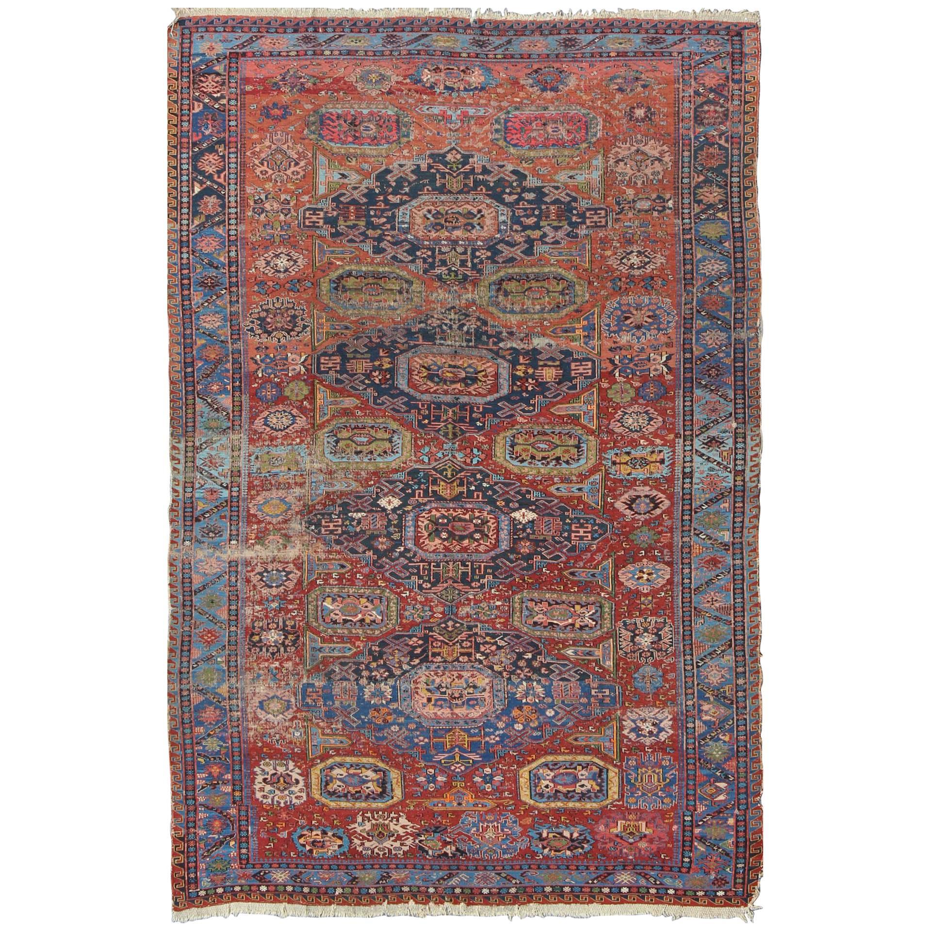 Antique Caucasian 19th Century Sumac Rug in Varying Colors of Red, Green & Blue
