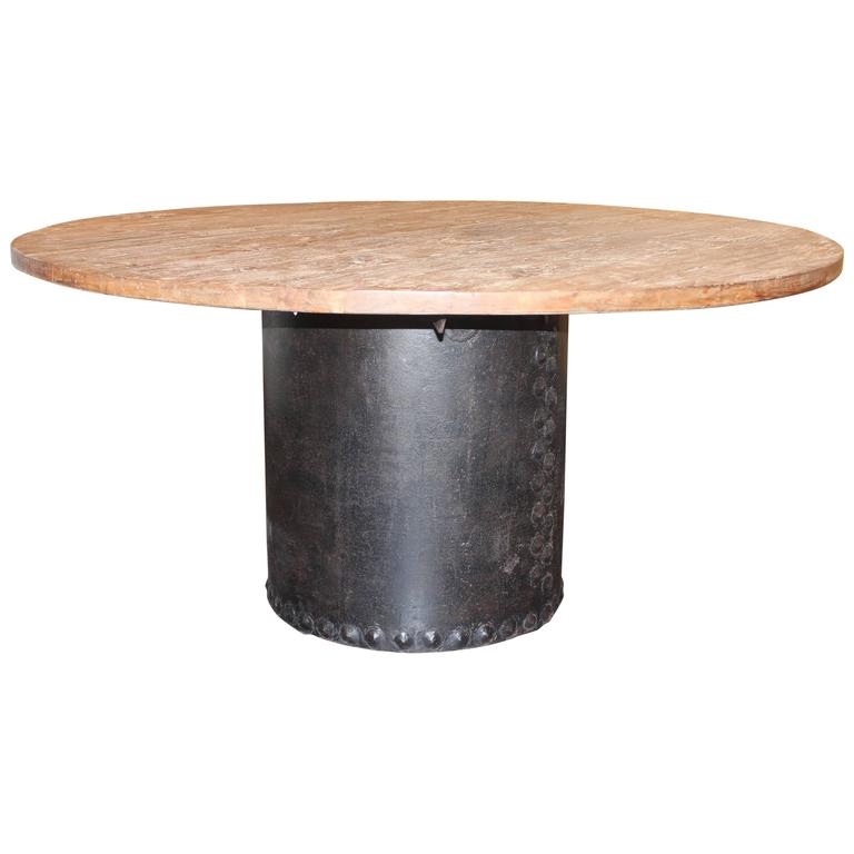 Reclaimed Elm Top Dining Table On Vintage Riveted Iron Base For Reclaimed Elm Top Dining Table On Vintage Riveted Iron Base For