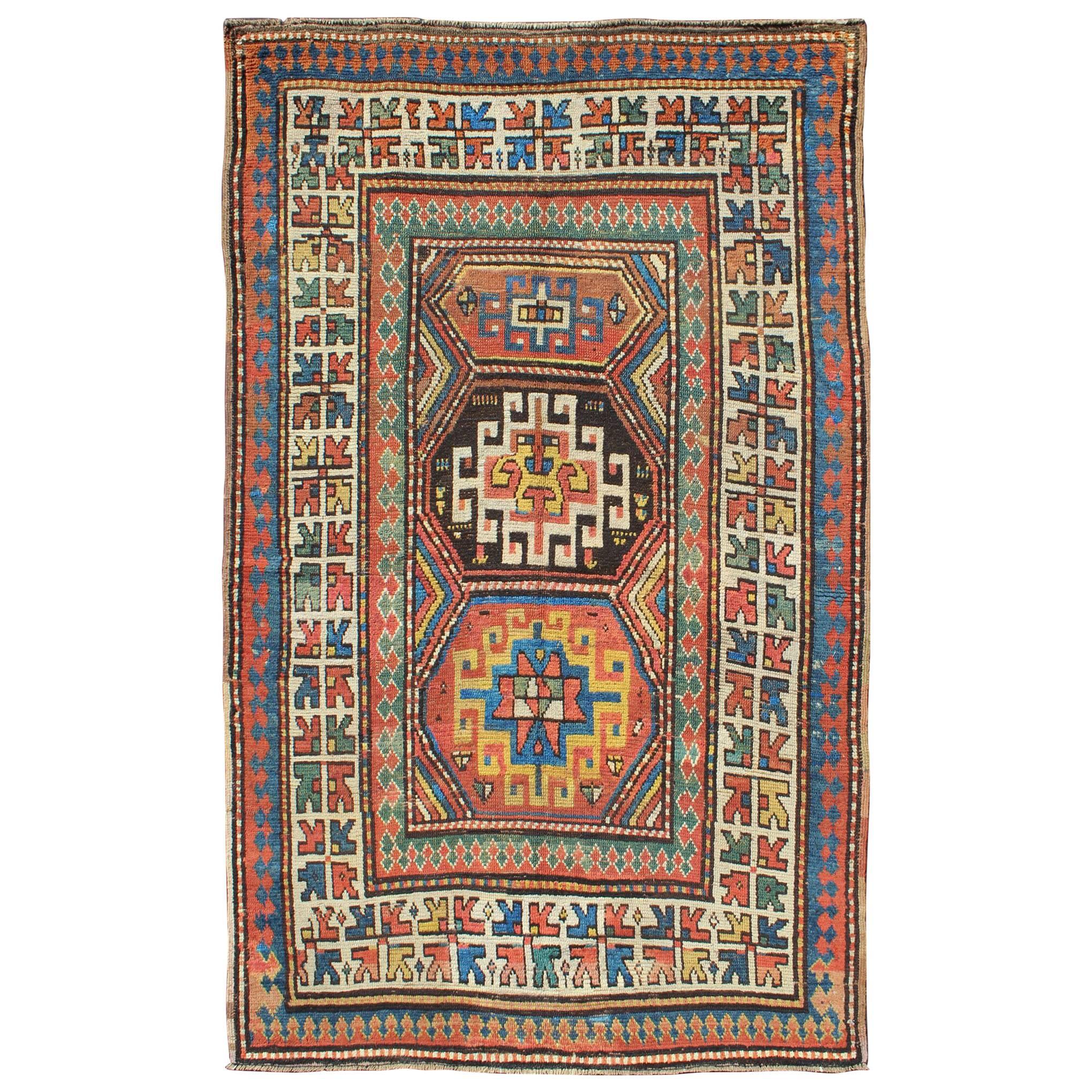 Late 19th Century Antique Kazak Carpet with Colorful Geometric Design