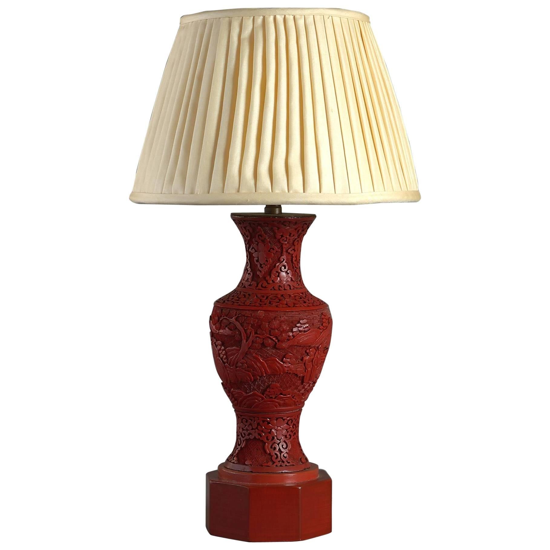 19th Century Cinnabar Lacquer Vase Lamp