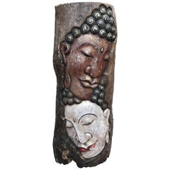 Vintage Sublime Double Buddha, Old Hand-Carved & Hand-Painted Wooden Panel of Buddha