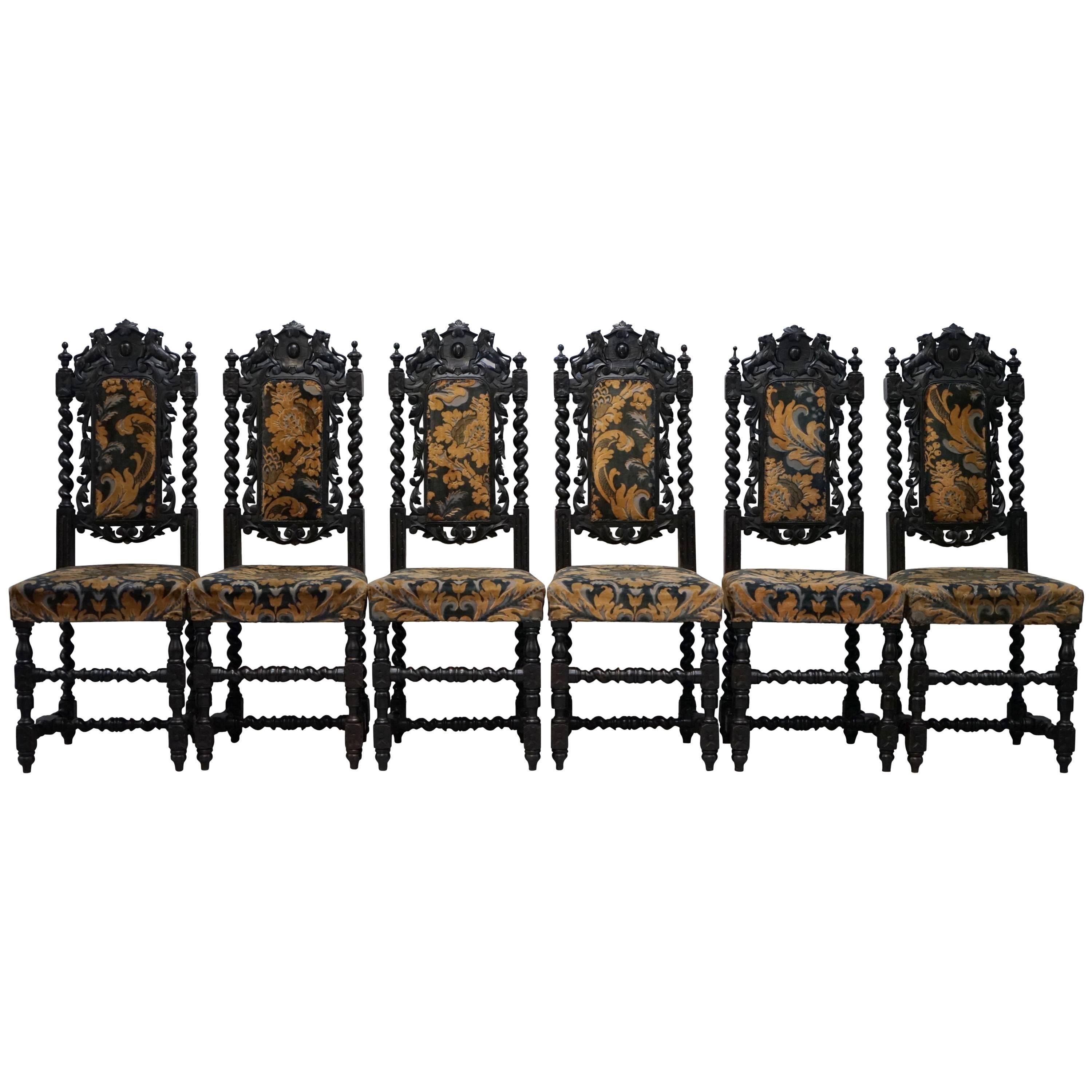 Set of Six Hand-Carved Lion Detailed Gothic Jacobean circa 1700 Dining Chairs