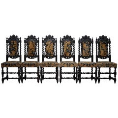 Set of Six Hand-Carved Lion Detailed Gothic Jacobean circa 1700 Dining Chairs