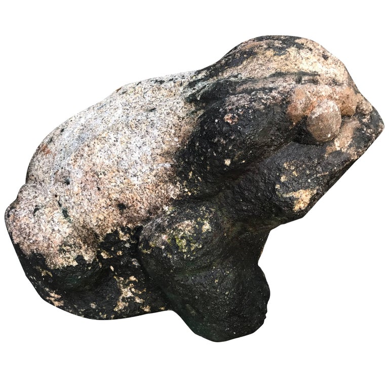 Giant Burly Japanese Antique Stone Frog Found In Vermont Tree, 17" Long