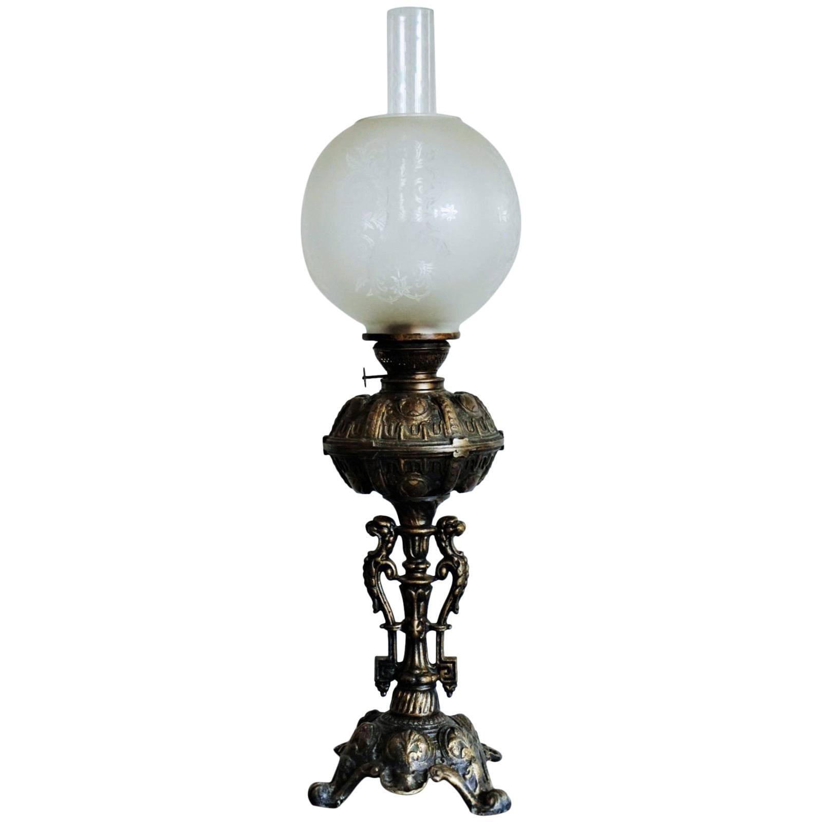 Late 19th Century Large Cast Bronze Oil Lamp Converted to Electric Table Lamp