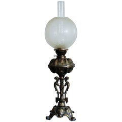 Grande lampada a olio in bronzo fuso della fine del XIX secolo convertita in lampada da tavolo elettrica
