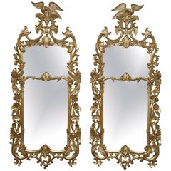 Pair of Antique Chippendale Style Gold Leaf Solid Wood Hand Bird Carved Mirrors