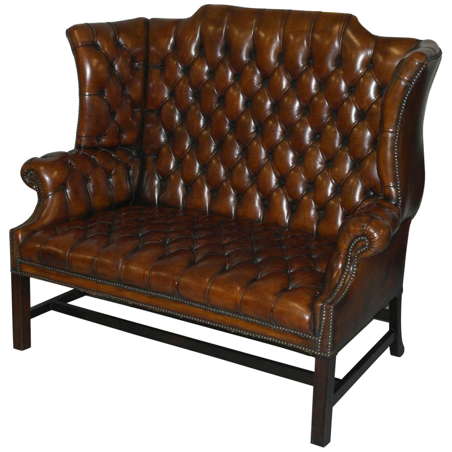 Geroge III style Chesterfield Hand-Dyed Wingback Leather Two Seat Sofa Settee