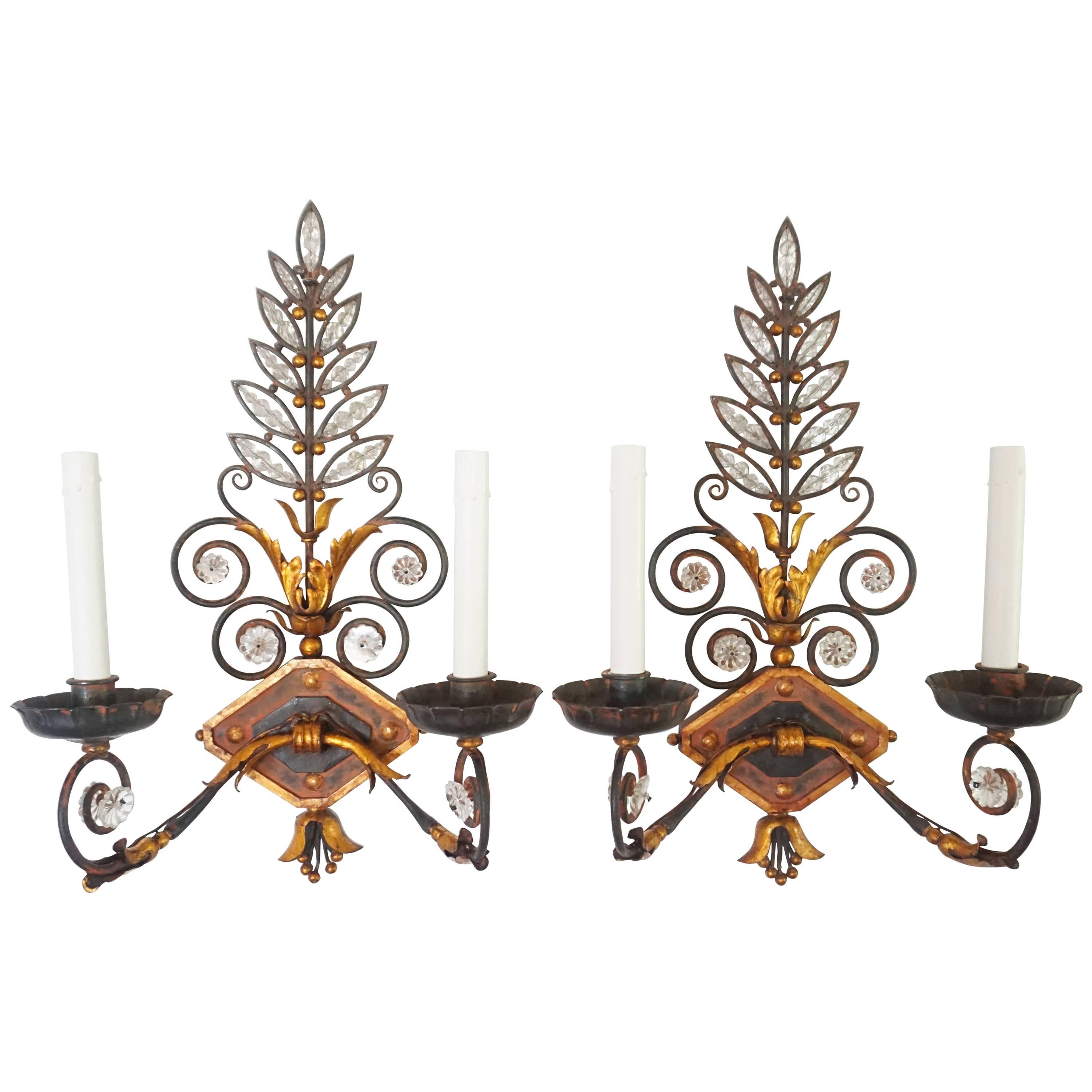 Baguès Style Crystal and Wrought Iron Wall Sconces, circa 1925