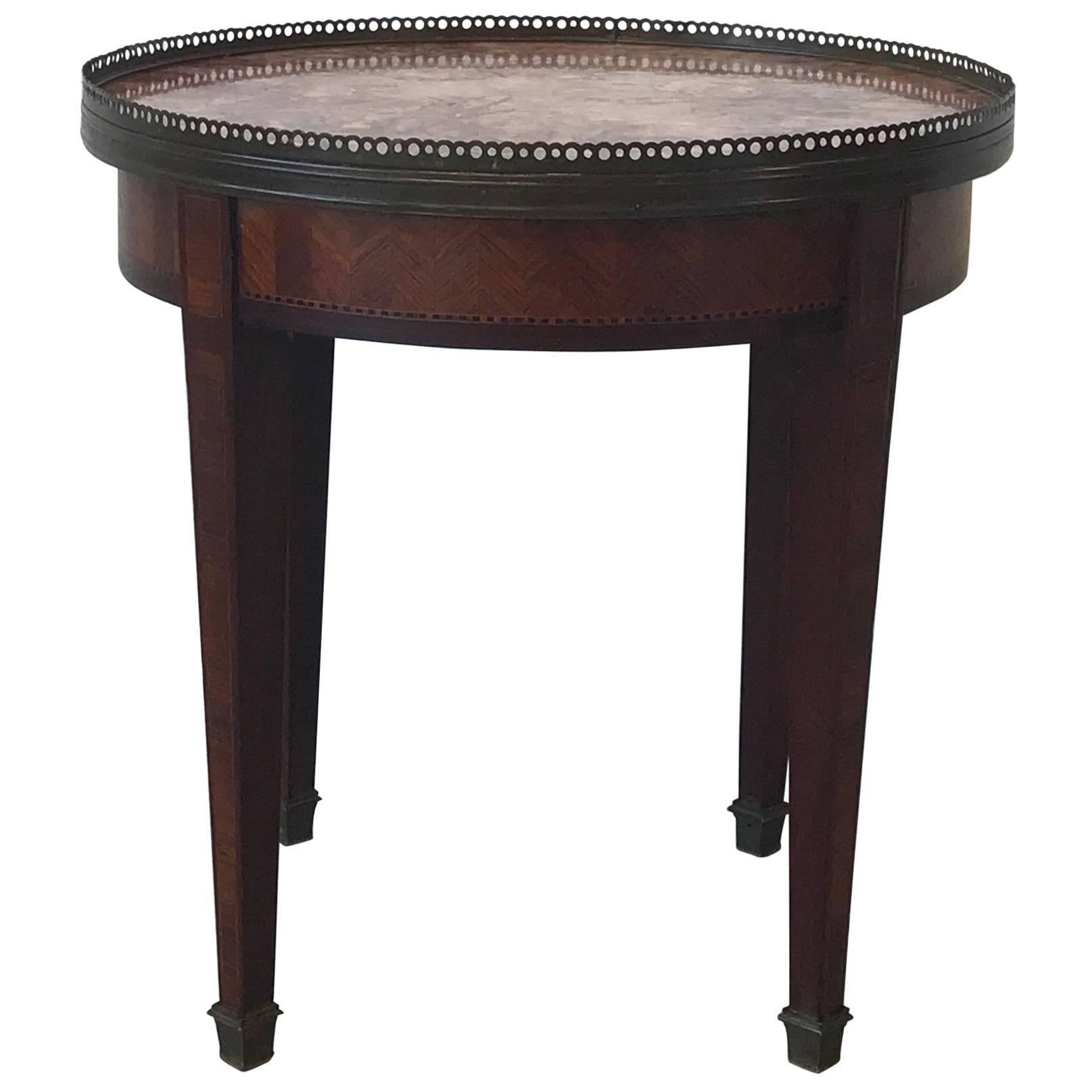19th Century French Marquetry Guideron Table with Marble Top and Brass Accents