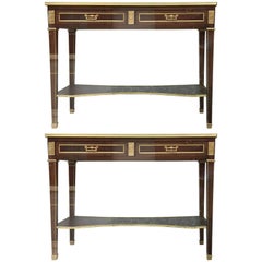 Pair of Jansen Style Two Drawer Marble-Top Bronze Consoles or Serving Tables 8