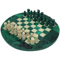 1960s Italian Malachite Chess Board with Carved Malachite Chess Pieces