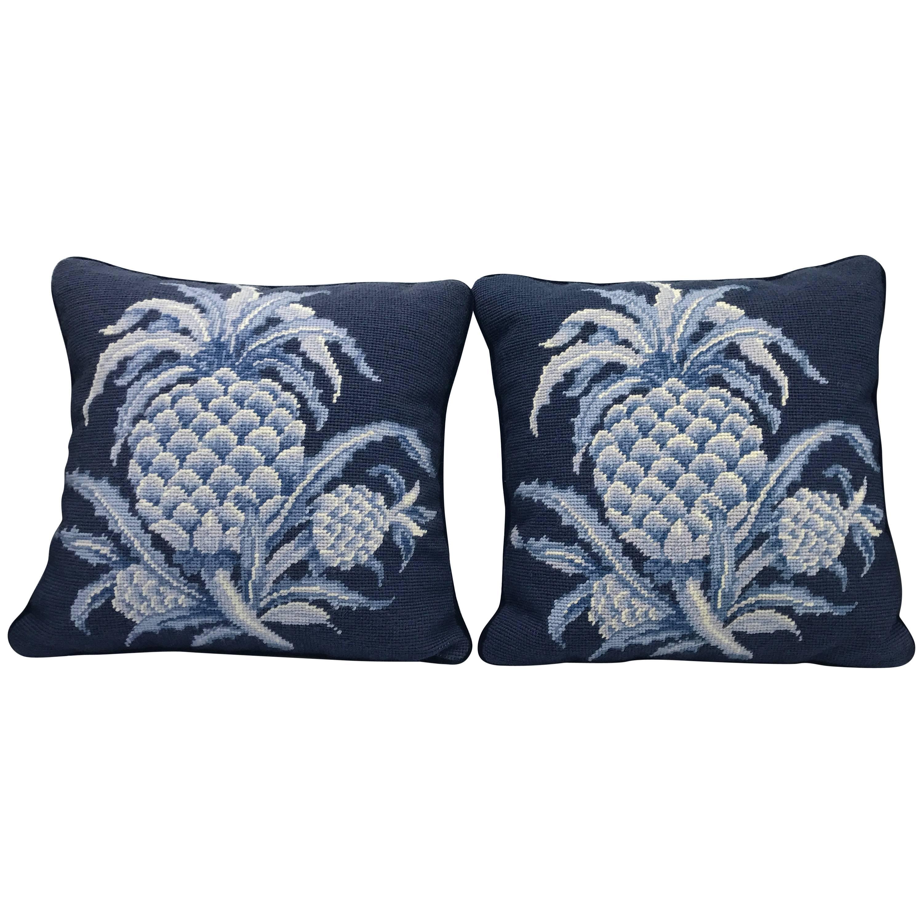 1980s Blue and White Pineapple Motif Needlepoint Pillows, Pair
