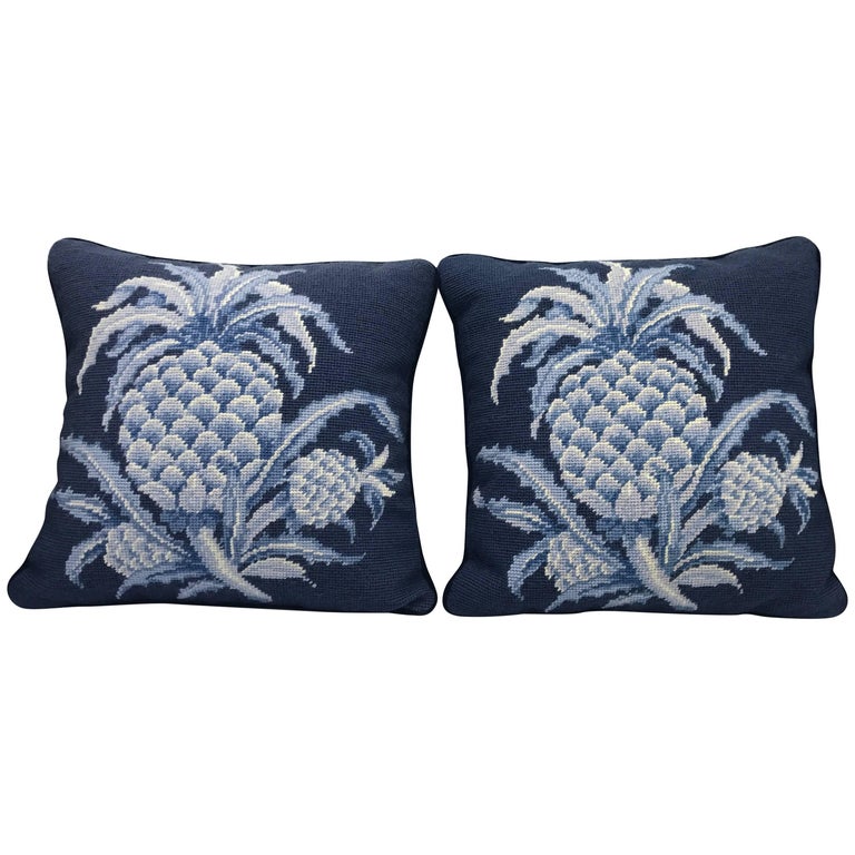 1980s Blue and White Pineapple Motif Needlepoint Pillows, Pair at 1stDibs