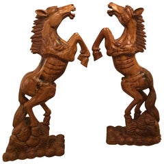 Pair of Wooden Carved Ferrari Prancing Stallions