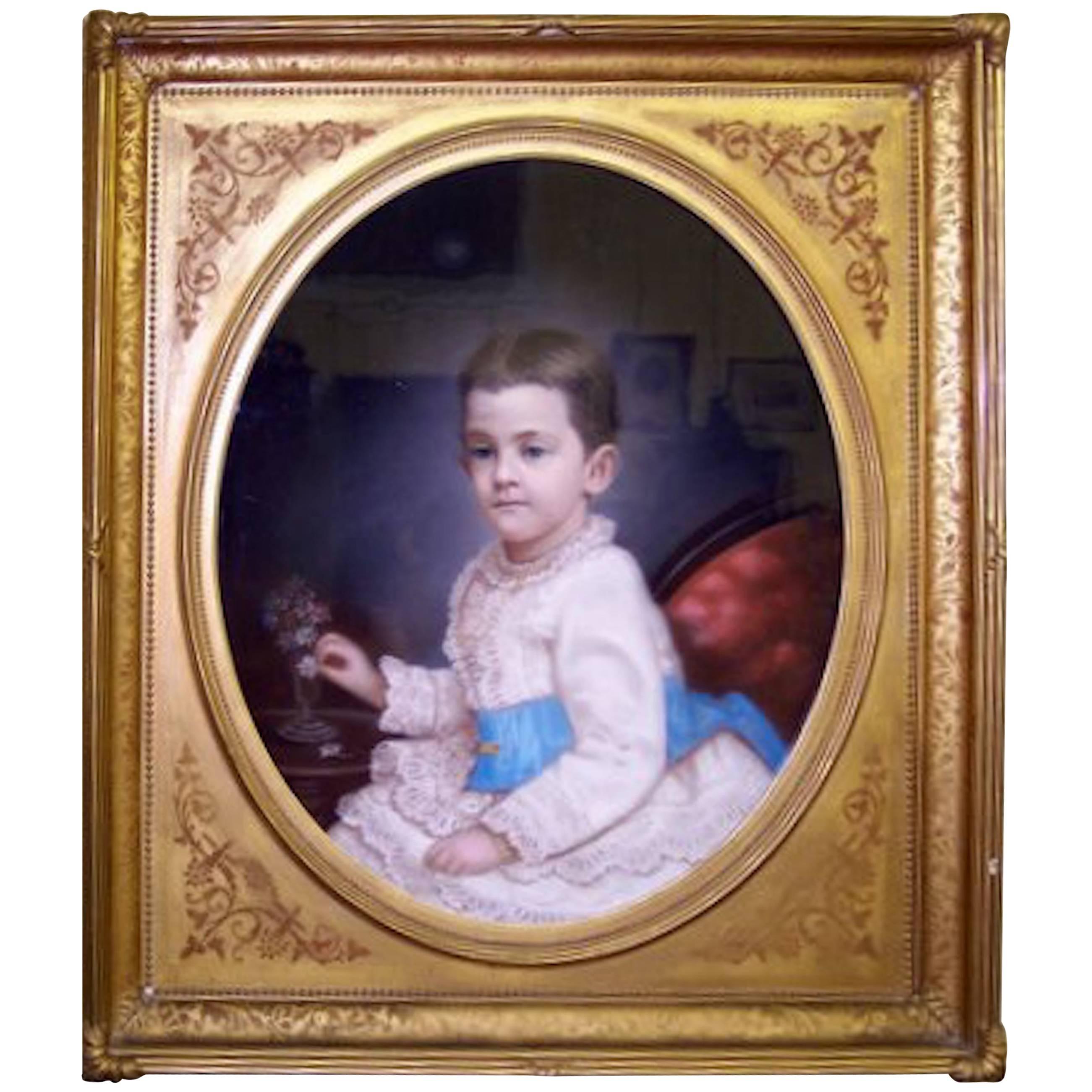 French Portrait of a Young Boy, Original 19th Century Pastel in Original Frame