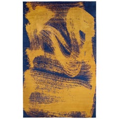 Indigo and Gold Brushstroke Silk Area Rug 11