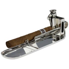Antique Unusual Solid Silver Cigar Serving Tray, Cutter and Lighter, circa 1935