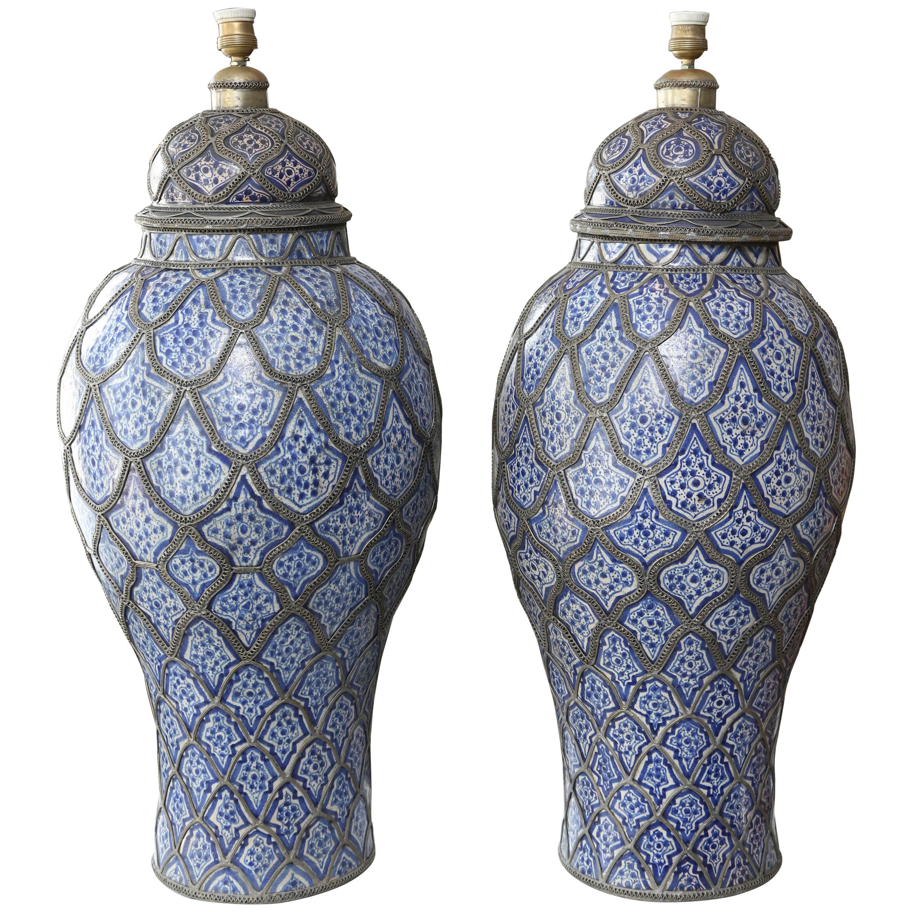 Superb 1930s Morrrocan Pair of Fez Ginger Jar Lamps