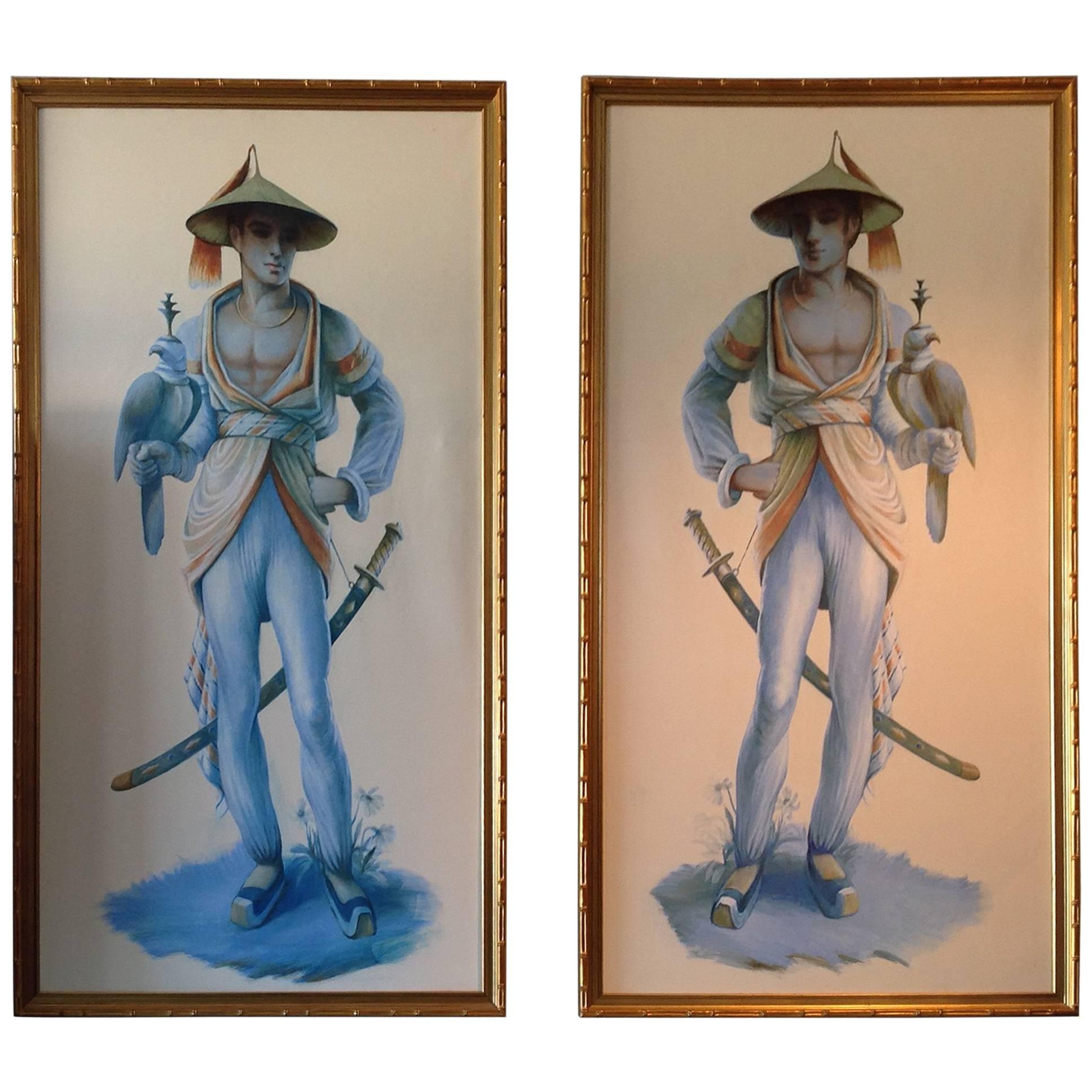 Pair of Majestic Life Size  Chinoiserie Paintings of Falconers