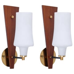 Midcentury Italian Teak, Brass and Glass Sconces