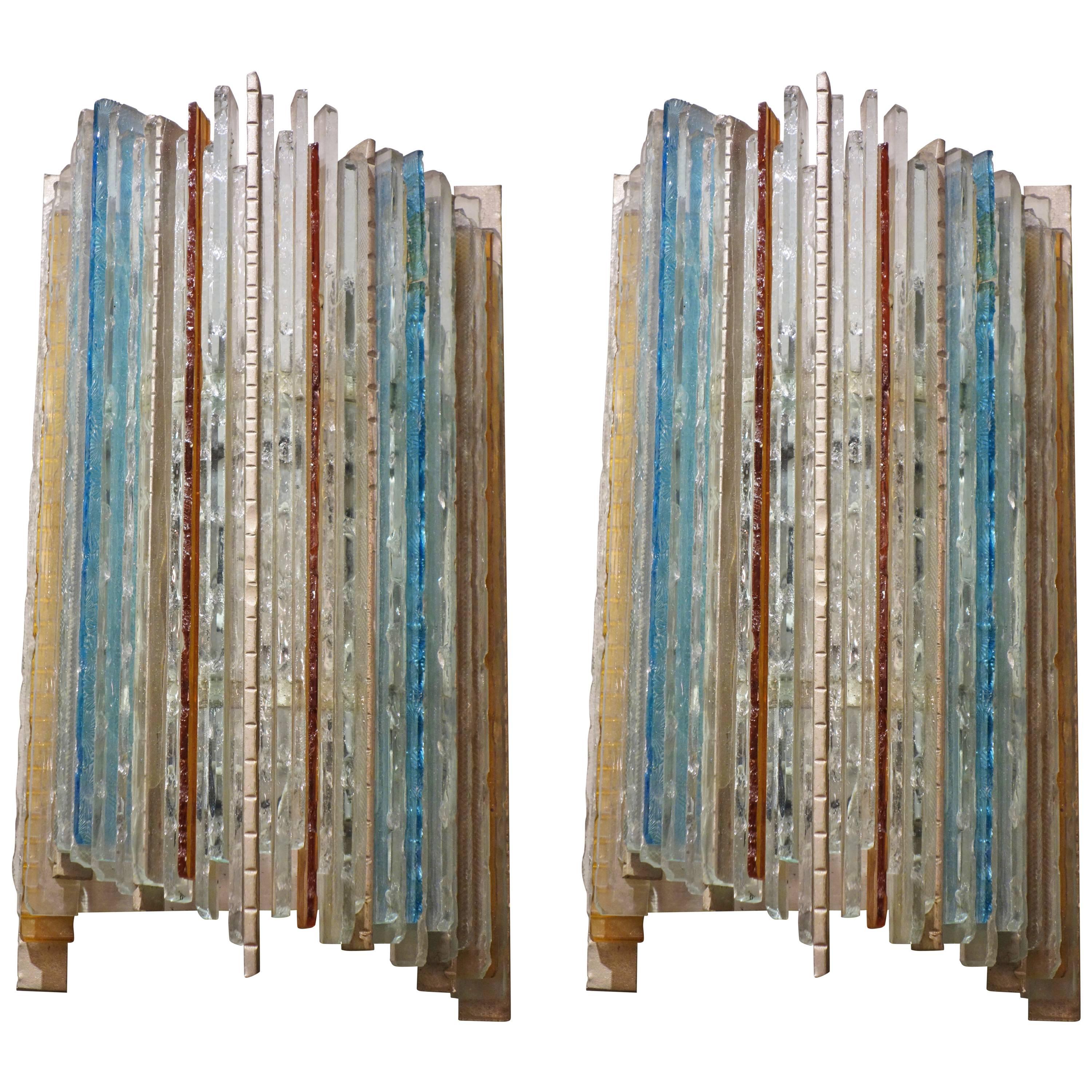 Pair of Albano Poli For Poliarte Italian Blue and Multi-Color Glass Sconces 