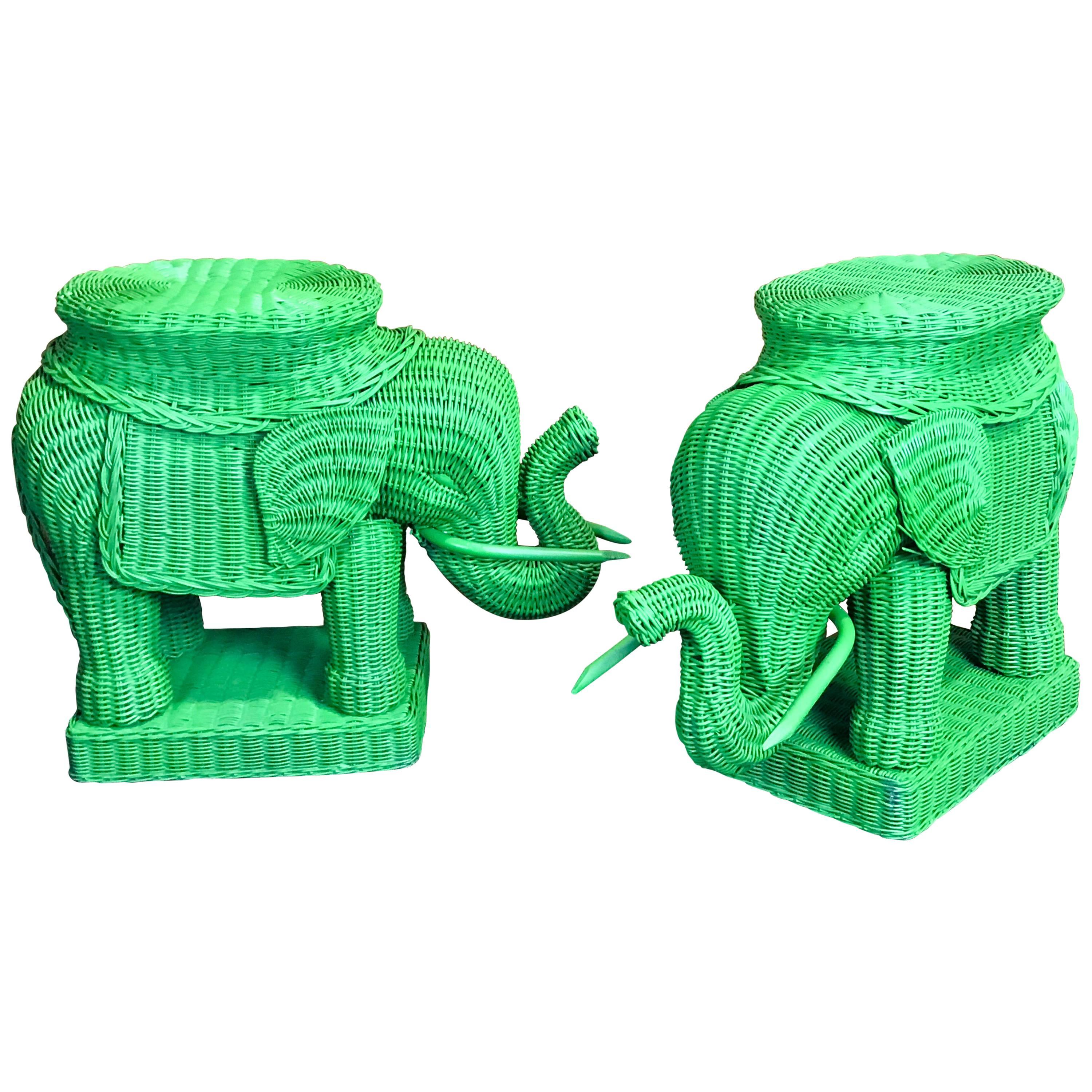 Pair of Chinese Export Polychromed Wicker Elephant Garden Seats
