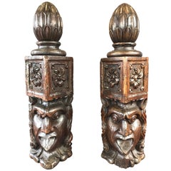 Pair of Impressively Sized and Expressive Hand-Carved Antique Newel Posts