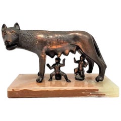 Vintage Sculpture of She-Wolf Mother with Romulus and Remus on a Marble Base, 1930