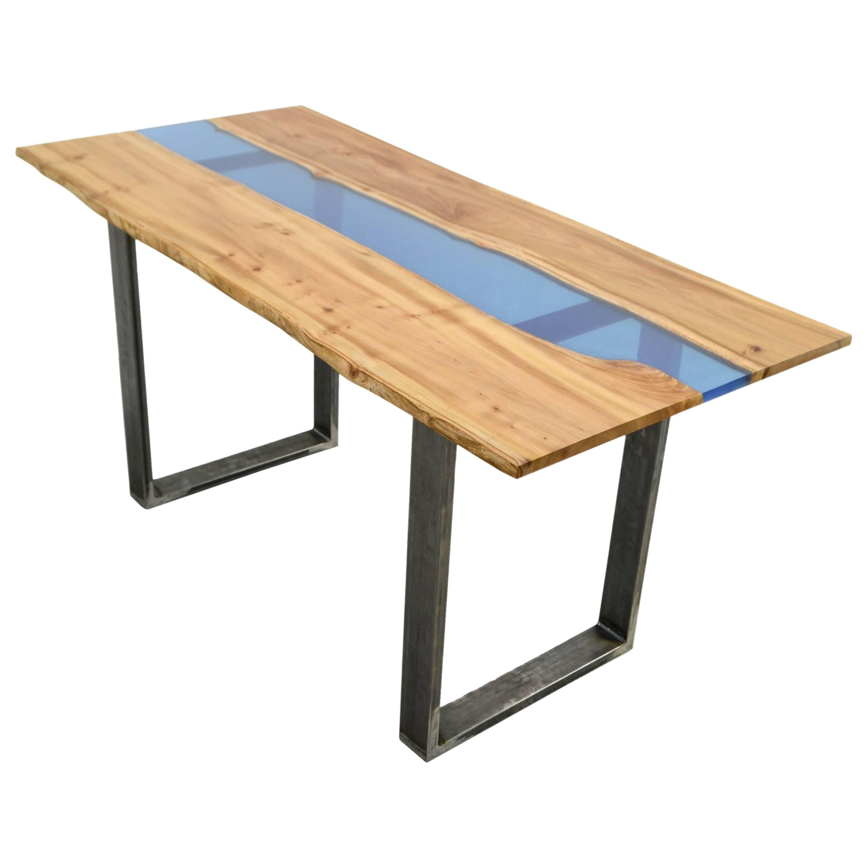 Organic Modern Natural Live Edge Resin River Dining Table on Steel base For Sale