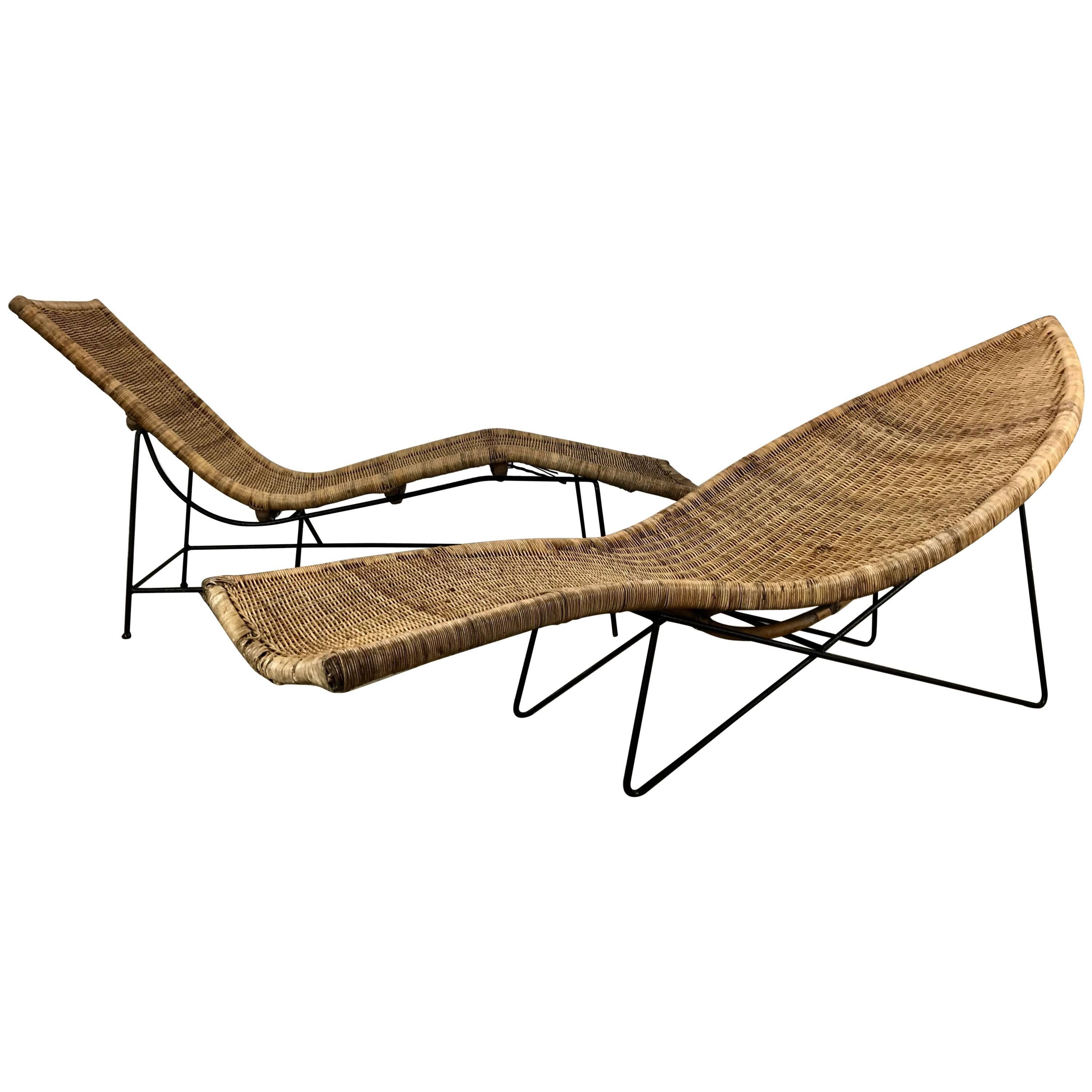 Classic Modernist Pair of John Salterini Wicker and Iron "Fish" Chaise Lounges