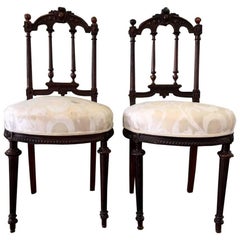 19th Century French Pair of Petite Carved Walnut Side Chairs