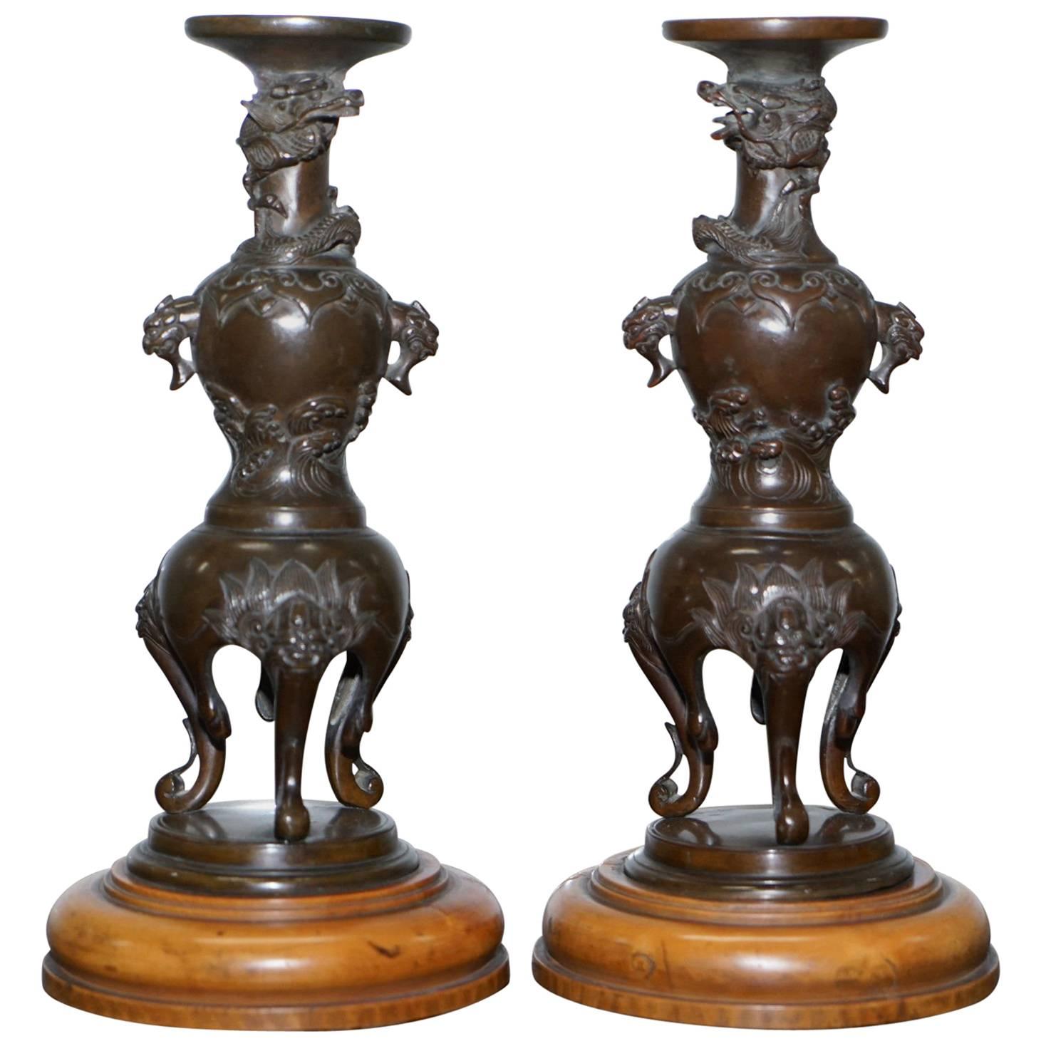 Rare Japanese Meiji Period circa 1870 Pair of Bronze Dragon Candlestick Holders For Sale