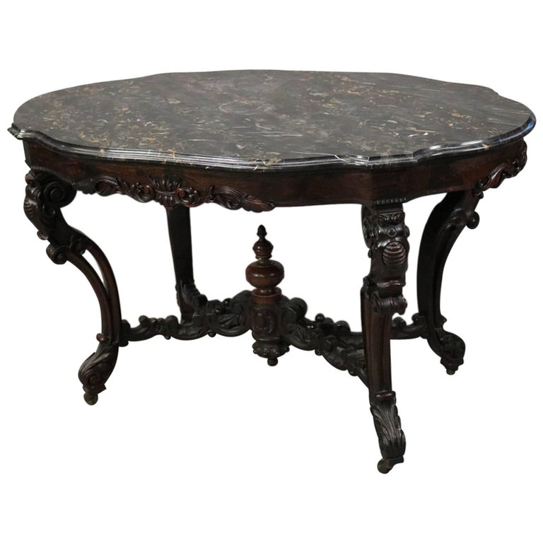 Antique Heavily Carved Rosewood Marble Top Center Table, circa 1880 at