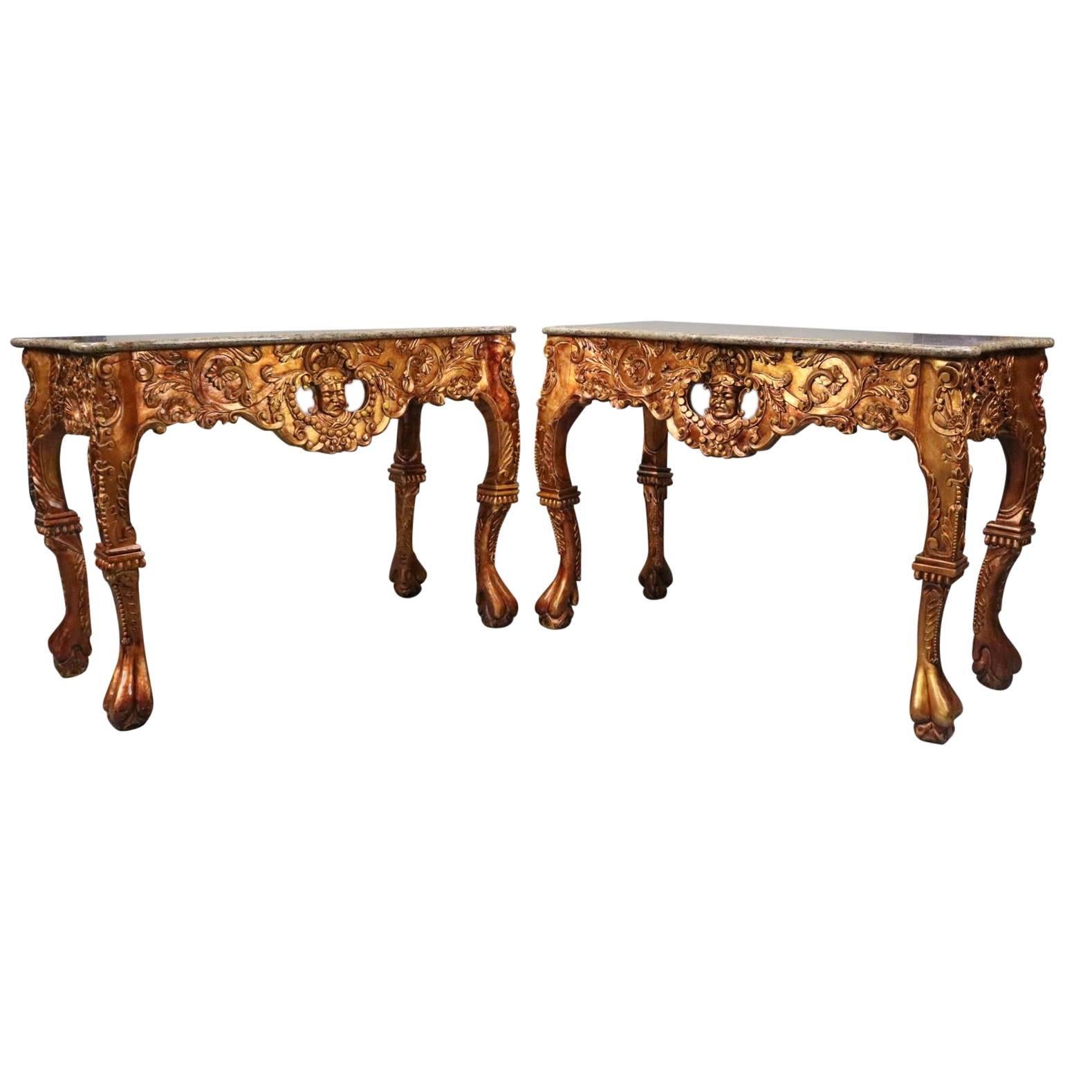 Pair of Vintage Asian Heavily Carved Giltwood Marble Top Console Tables